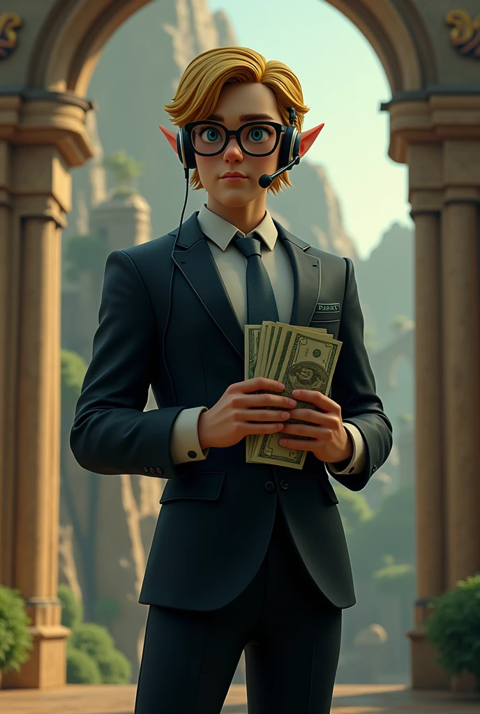 Zelda character, holding bills, com headset, Eyeglasses, Black Suit, with zelda themed background
