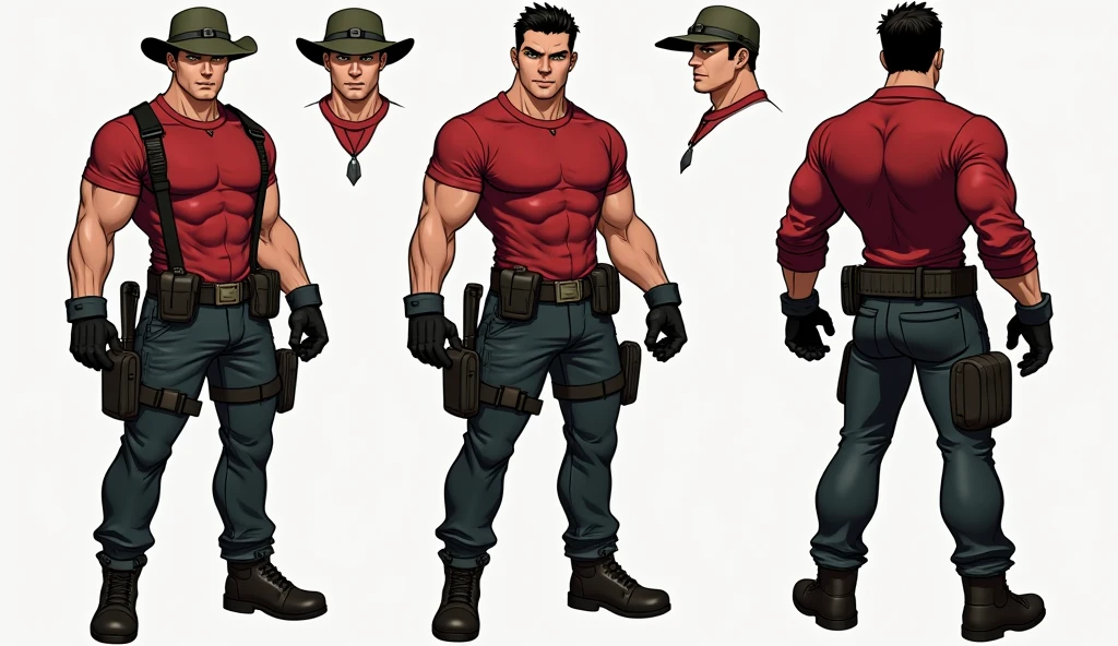 Character sheet, full body, "front, side and back" view, fit man, medium-white brown skin, green eyes, short hair, red shirt with sleeves down to the hips, black jeans, black gloves up to the forearm, boots black, mercenary sniper hat.
