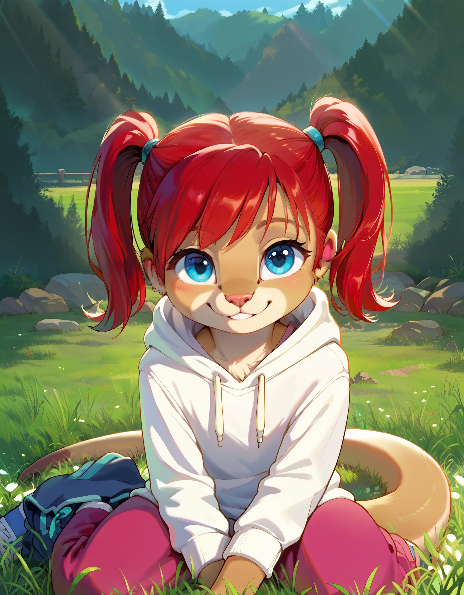 score_9, score_8_up, score_7, rating_ safe, source_furry, furry, camille_w, solo, red hair, twintails, blue eyes, hoodie, (kangaroo tail:0.7), sitting, outdoors, grass, looking at viewer, smile, cute, sunlight, natural lighting, 