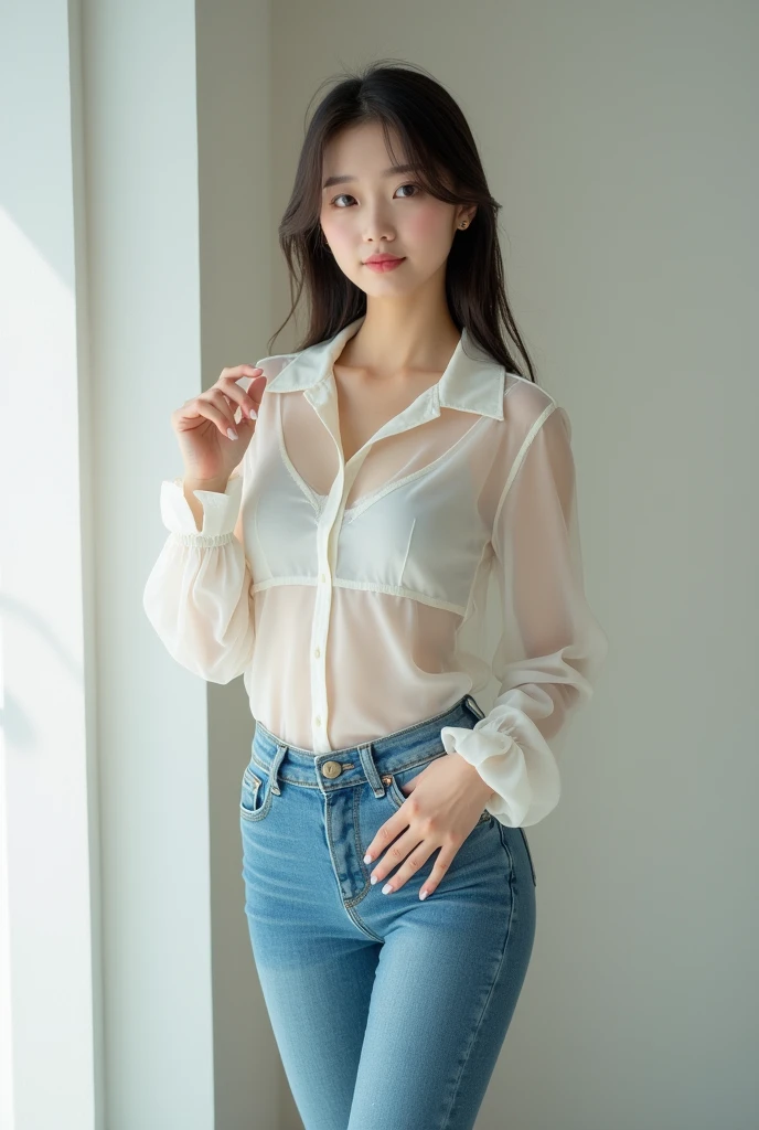 (masterpiece:1.3), (8k, photorealistic, RAW photo, best quality: 1.4), japanese, (1girl), beautiful face, (realistic face:1.3), (black hair, long hair:1.3), beautiful hairstyle, realistic eyes, beautiful detailed eyes, (realistic skin:1.3), beautiful skin, attractive, ultra high res, ultra realistic, highly detailed, golden ratio, (detailed face:1.3), looking at viewer, smile, open white shirt, medium breasts, standing, hand on hip, transparent shirt, (braless:1.3)