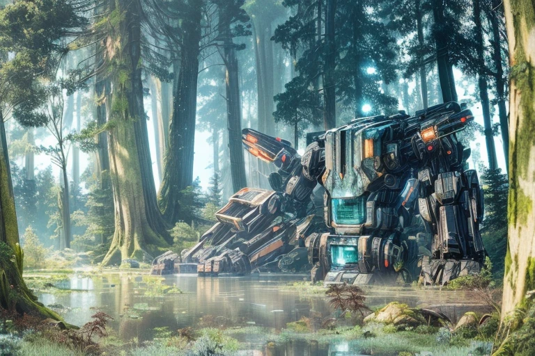 there is a large mecha robot sitting in the middle of a forest, in a pond, stalenhag style, simon stalenhag highly detailed, simon stålenhag. digital art, heavy forest outside, scenic dystopian environment, cyber space forest scene, matte painting of steam machines, environment artist, cyberpunk forest, broken forests, heavy forest, rendered in cryengine