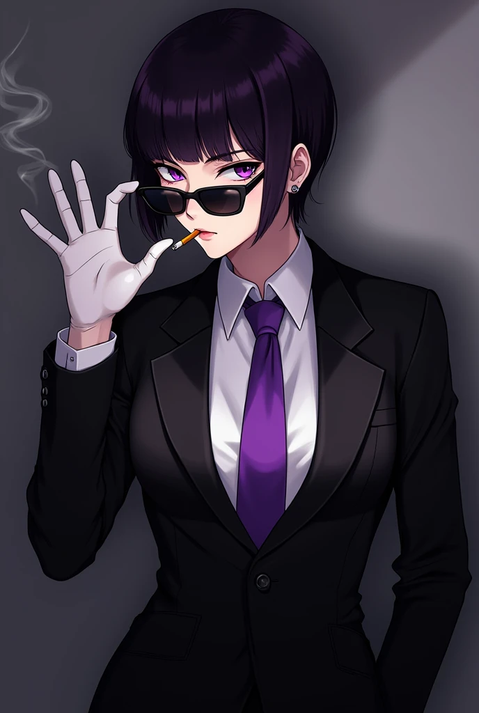 best quality, masterpiece, highres, solo, {black business suit:1.40}, {tie:1.20}, {sunglasses:1.25}, {white gloves:1.15}, {white shirt:1.10}, {black skirt:1.15}, {smoking:1.20}, handsome, {senju_muramasa_eromangasensei:1.15}, short_hair, blush, purple_hair, bangs, blunt_bangs, purple_eyes, black_hair smoking cigarret, white heals