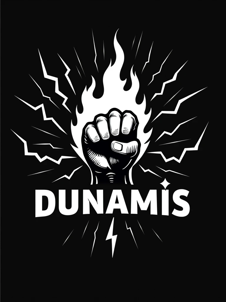 A logo with a hand on fire and lightning bolts around it, saying "dunamis" in a bold and commanding style. The hand is closed, and the design is in black and white.