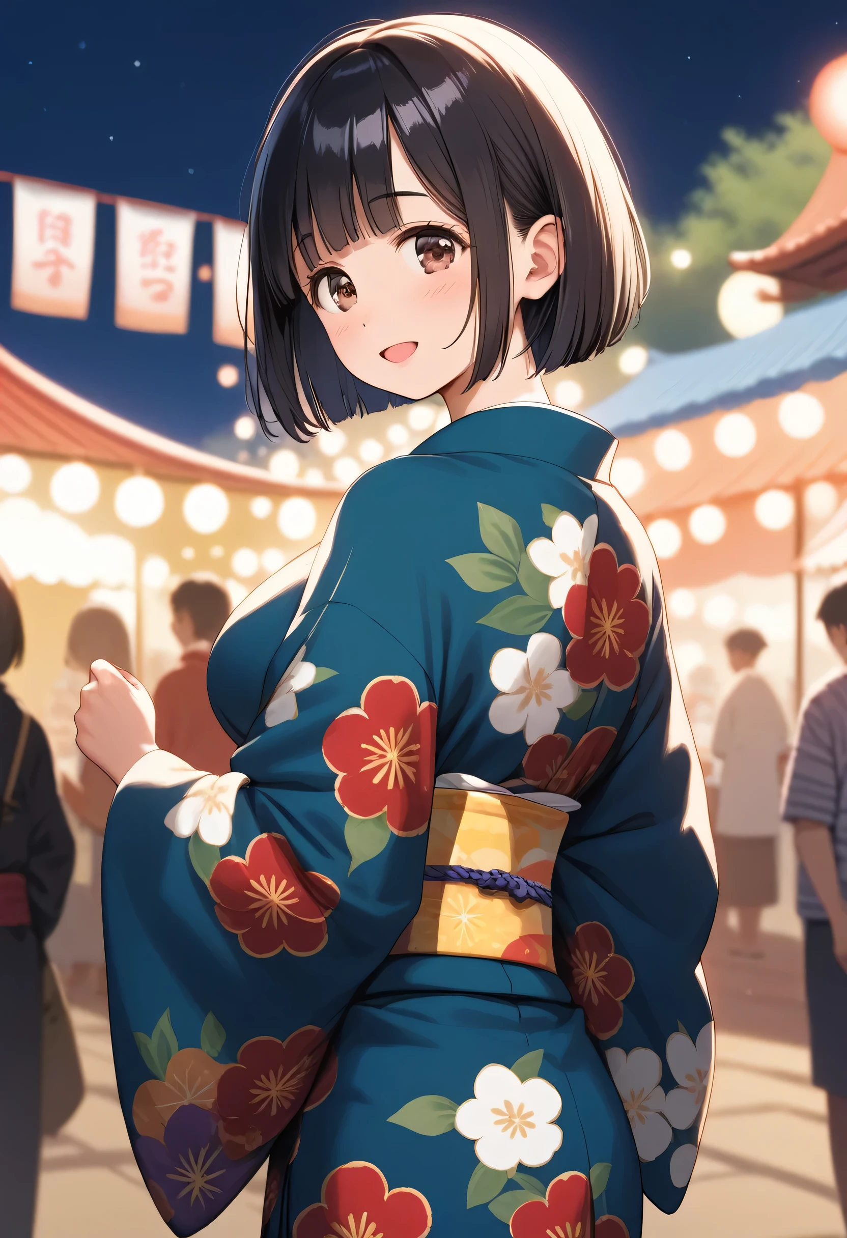 score_9,score_8_up,score_7_up,masterpiece,best quality, source anime, realistic, super detailed, extreme detailed, rating_safe,
1girl, standing, from behind, looking back, cowboy shot,
BREAK 22yo, short hair, bob cut, (blunt bangs), black hair, (tareme, detailed cute brown eyes), curled eyelashes, (large :0.9),
shiny hair, beautiful detailed eyes, beautiful face,
Japanese clothes, colorful clothes, floral print, yukata, obi,
blush, light smile, open mouth,
outdoors, Japanese summer festival, night,