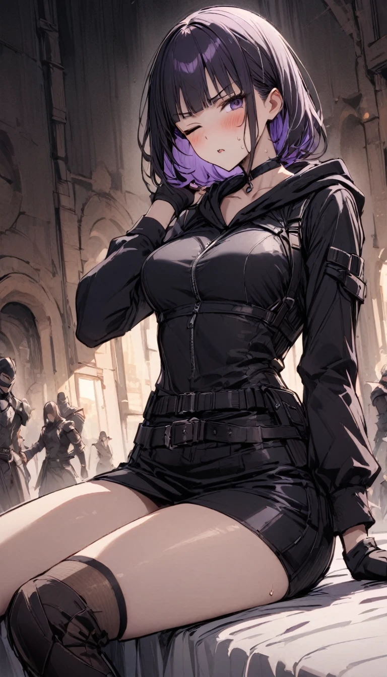 solo,1girl, {{Very slim legs:1.2}},slim body,{{sit1.4}},{{Sitting on the bed:1.8}},Mature Women,Dynamic composition、Dutch Angle,from side,Focus on thighs,{{masterpiece}}, {{{Highest quality}}},{{Very detailed}},magic swordsman,armor, ,one eye closed,{{sit1.4}},{{Sitting on the bed:1.8}},{{Hold one arm of yourself}},v-shaped eyebrows.profound,Bad mood,blush,Sweat,{{clavicle:1.4}},{{Leather knee socks}},hoody,choker,mini skirt,,WHITE Inner suit under armor,black fingerless gloves,belt, chest holster, long purple hair,Blunt bangs,Inside the inn