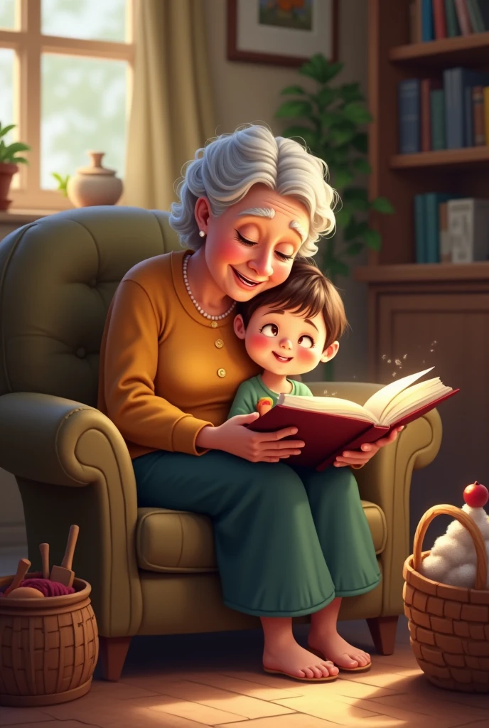 A grandmother telling a story to a cute