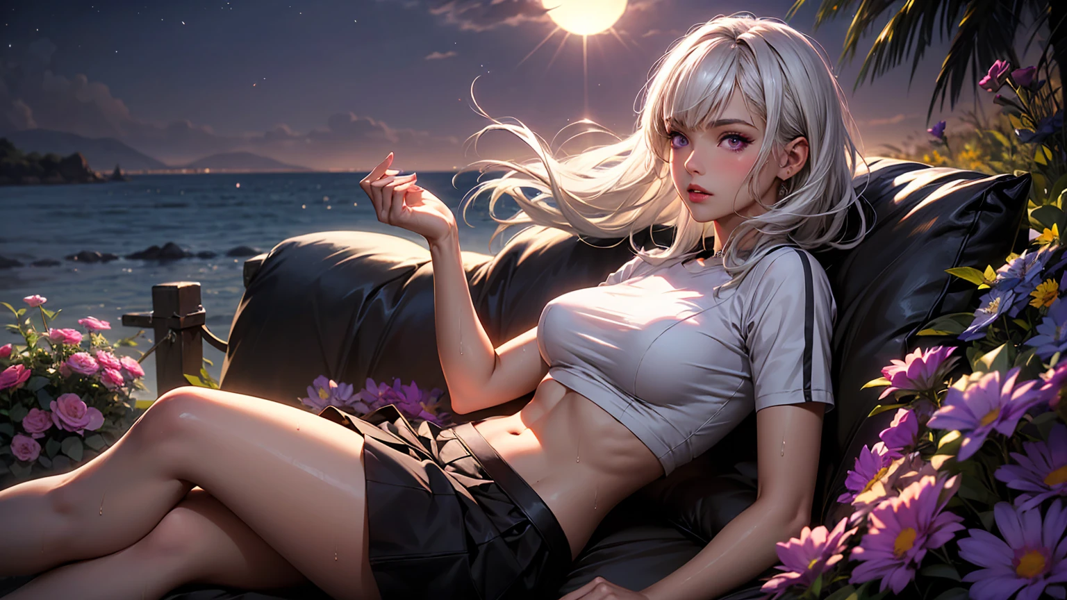 realistic, 1girl, white hair, purple eyes, glowing eyes, crop top, skirt, parted lips, blush, night, flowers, sun, sunlight, camel toe, wet, beautiful girl,