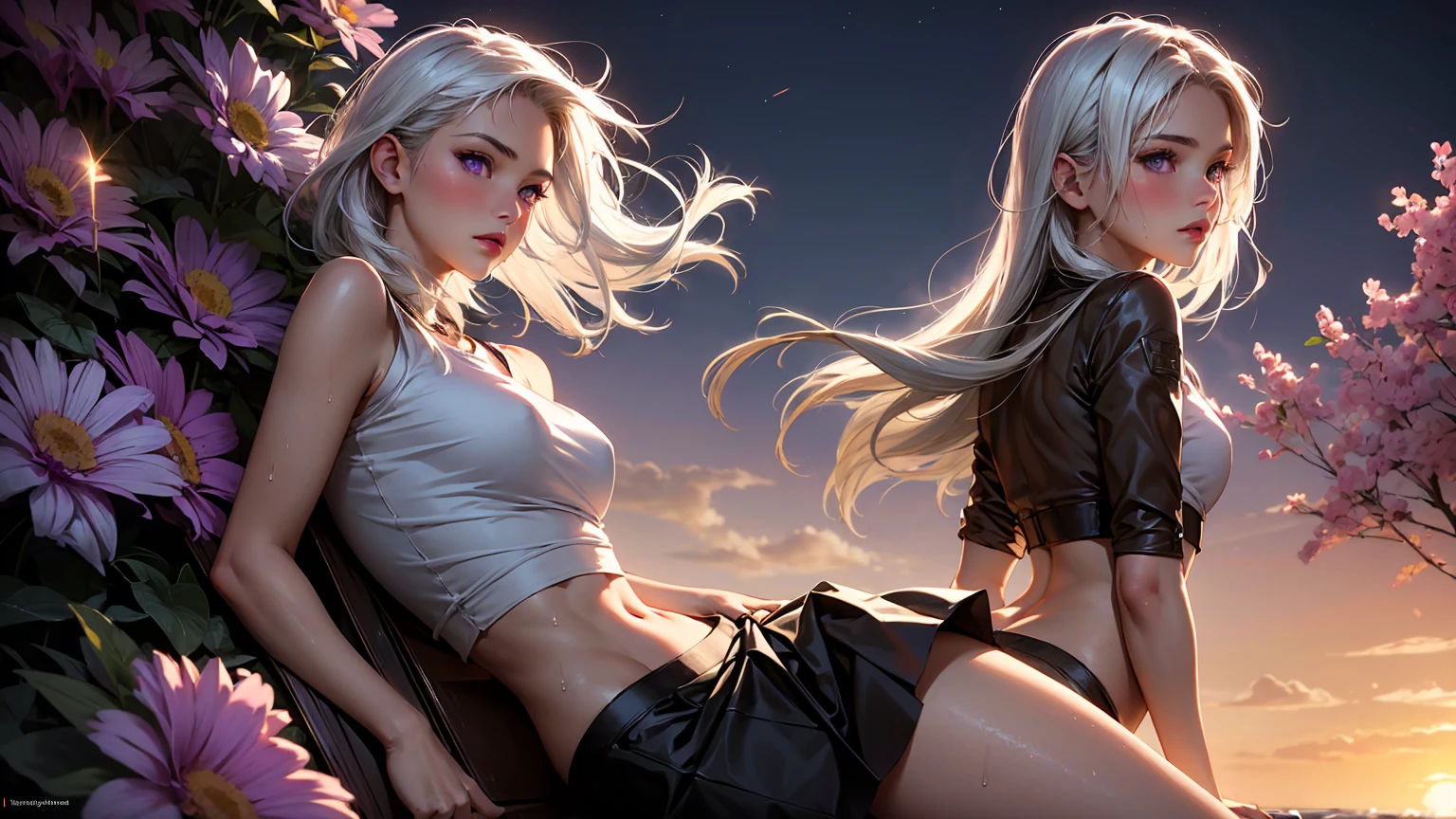 realistic, 1girl, white hair, purple eyes, glowing eyes, crop top, skirt, parted lips, blush, night, flowers, sun, sunlight,