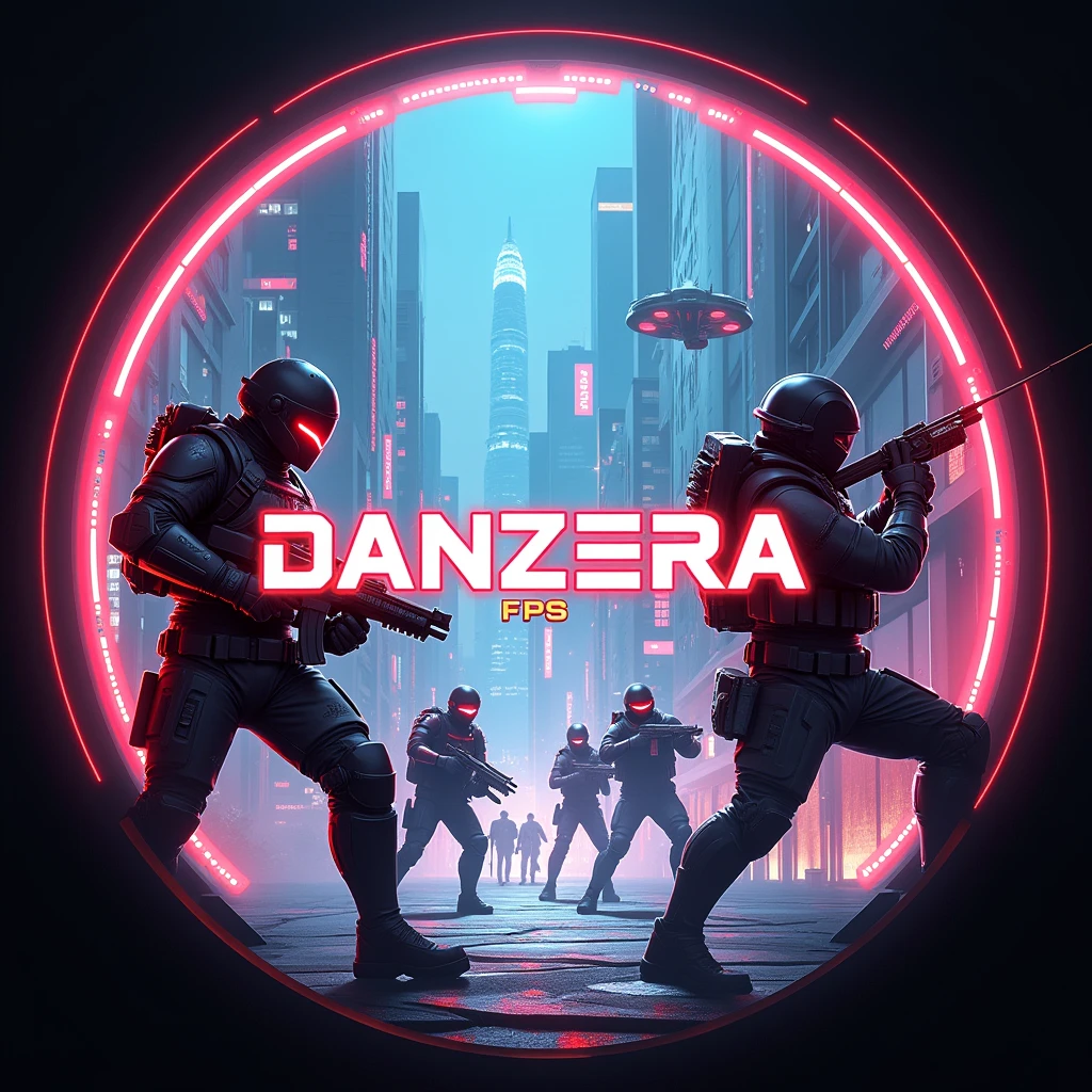 Generate a round image in a futuristic setting, written ''Danzera FPS'' very large