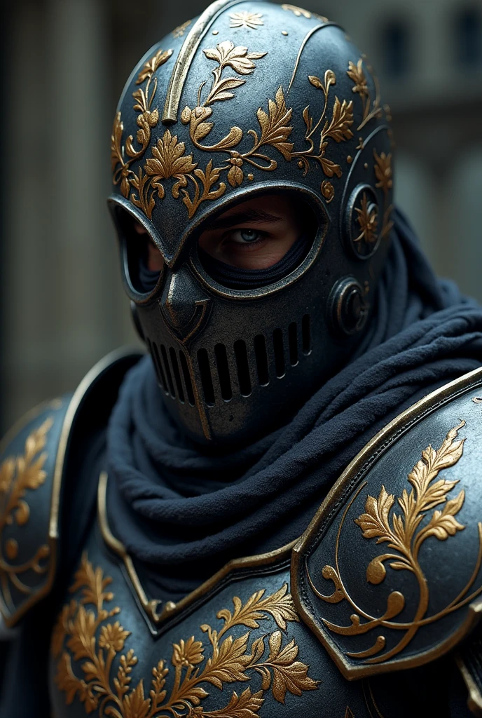 Berseker dark Knight close up portrait with obdisian and gold flower sculpt engraved armor and steel face mask . Epic dark fantasy atmosphere, elden ring hoslow armor refrence