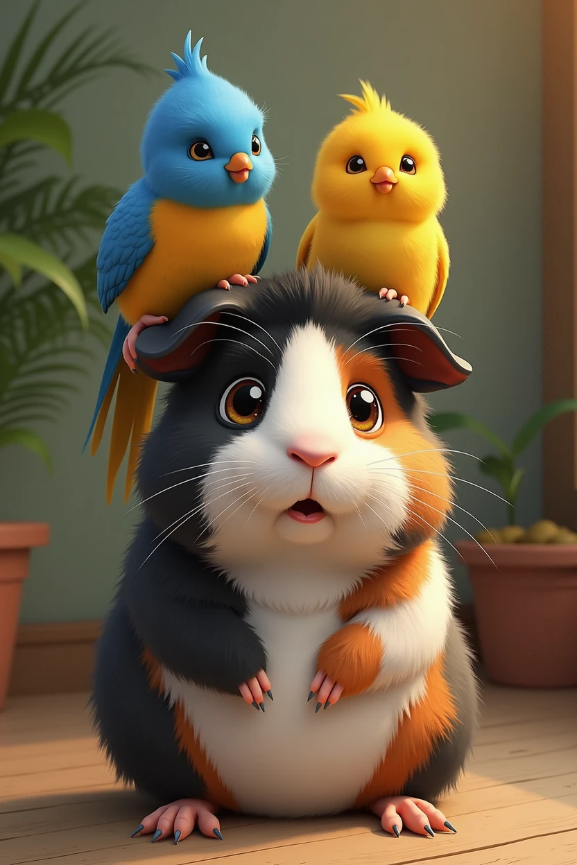 Guinea pig with black fur, white and brown, along with two Australian budgies, one yellow and one blue.