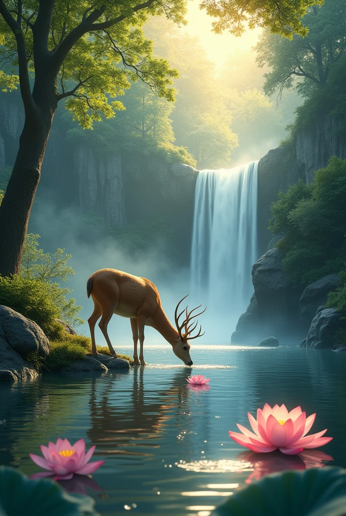 A waterfall is flowing in the forest, a lotus flower is blooming, the sun has risen in the morning, a deer is drinking water, a cool breeze is blowing