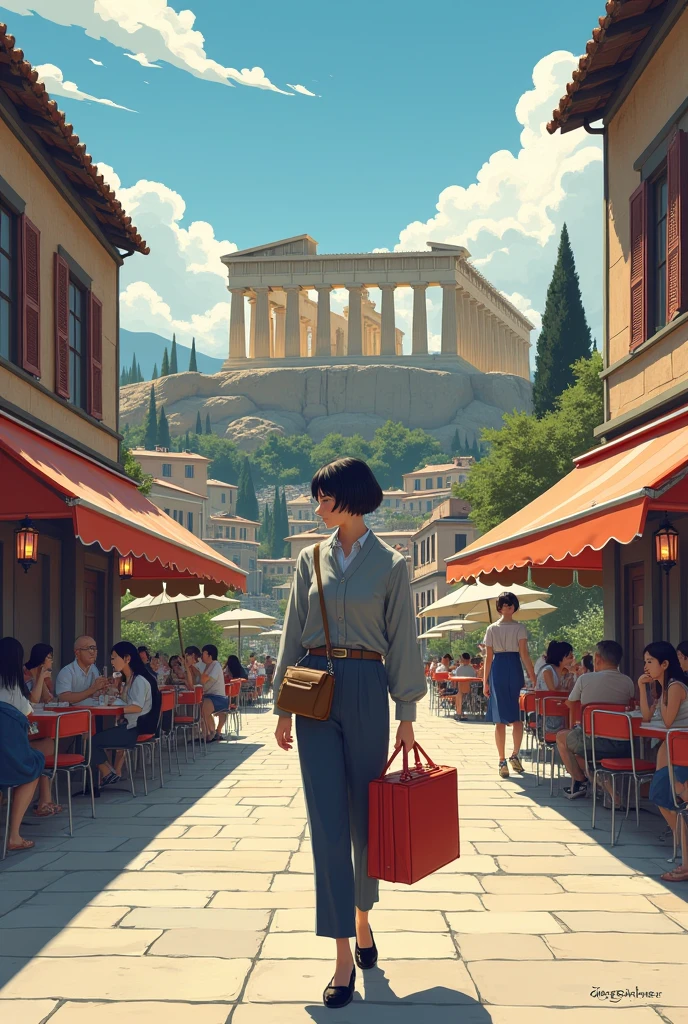 A Japanese woman with bobbed hair walking with a red carry case.　At the end of the slope stands the Parthenon　There are lots of restaurants around