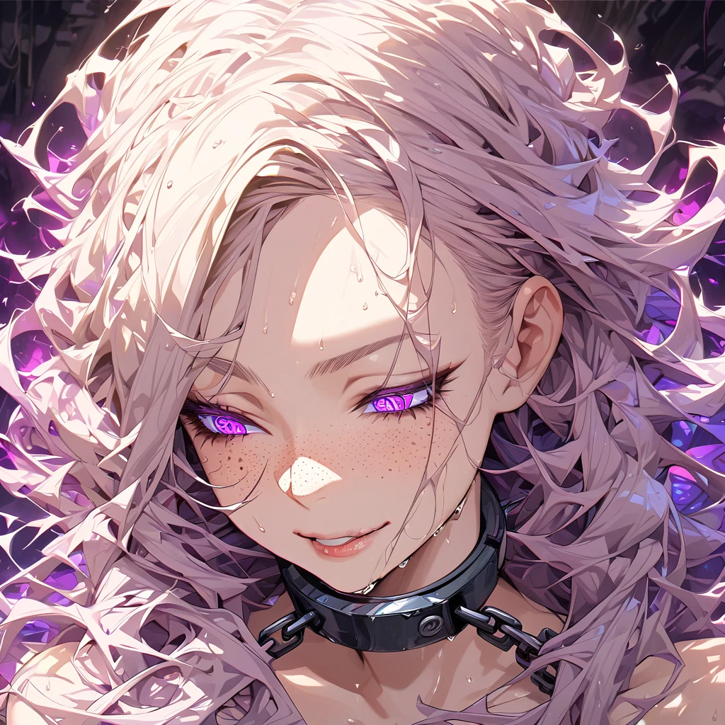 pretty girl, looking down, long messy hair, smirking, chained, mysterious, hypnotic eyes, creative masterpiece, psychedelic art, majestic, psycho, glowing background, detailed shadows, 8K resolution, ultra details, seductive, suggestive, wet lips, reflecting skin details, beautiful freckles,