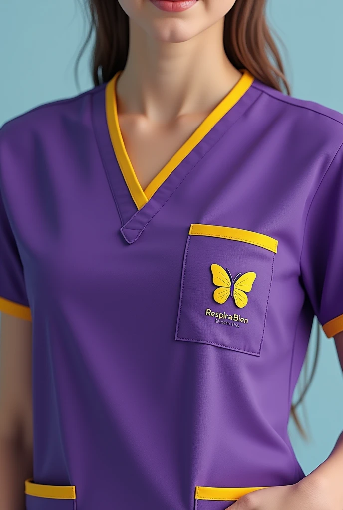 (photorealism:1.2), Youthful medical scrubs in purple with yellow details, with a butterfly logo on the upper left pocket and saying RespiraBien underneath