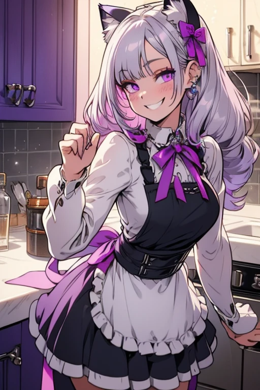 Perfect face. Perfect hands. A young silver haired woman with purple eyes and silver cat ears and a silver cat tail in a Lolita maids outfit is smiling on the counter in a fancy kitchen with a big smile
