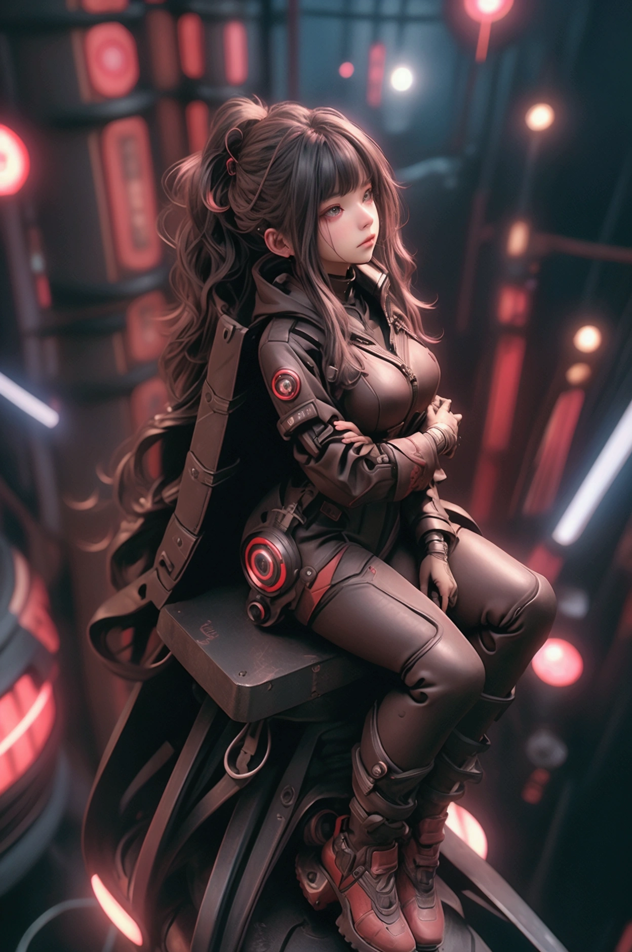 whole body、Sitting、Depict the character in a smaller size、Looking up pose、Full Face Helmets、Half Machine Body、Neck of the machine、Left arm of the machine、The machine's left leg、A large robot face in the background、Red Neon、Image in black and red shades、Contrast、Black clothes、Futuristic Suit、Large size raincoat、Platform boots、shorts、Realistic texture、Hair blowing in the wind、Backlight、