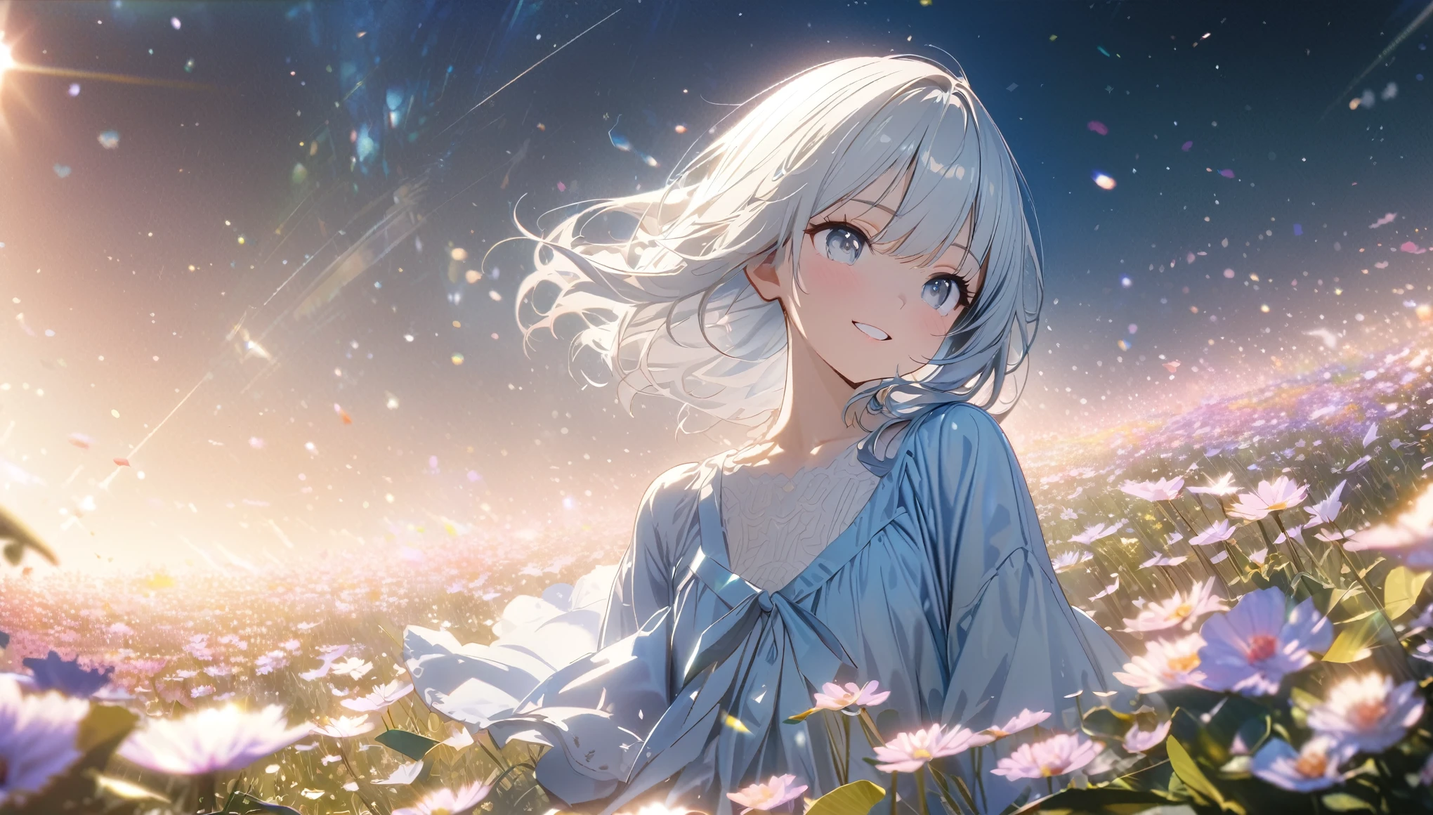 ((ultra-detailed))/(one women with short white hair and bob hair.、beautiful silver eyes,.、smile、gentle smile on her face、flat chest, one Beautiful girl,((masterpiece, illustration, best quality) ((ultra-detailed))/)Masterpiece\,in a field of flowers, beautiful peace scene, background of flowery hill, nature,濃い青とBeautiful Blueのグラデーション, High resolution, 8K HD detail, hyper-detail, cinematic, surrealism, soft light, deep field focus bokeh, ray tracing and surrealism. --v6'