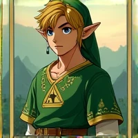 Male character from Zelda, Link's dress, wearing a headset and holding bills in his hand, with zelda themed background
