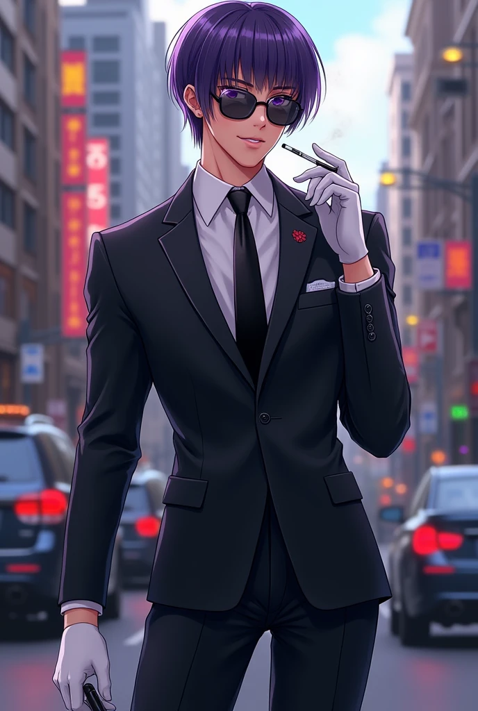 best quality, masterpiece, highres, {black business suit:1.40}, {tie:1.20}, {sunglasses:1.25}, {white gloves:1.15}, {white shirt:1.10}, {black skirt:1.15}, {smoking:1.20}, handsome, {senju_muramasa_eromangasensei:1.15}, short_hair, blush, purple_hair, bangs, blunt_bangs, purple_eyes, black_hair smoking cigarret, white heals, full height, street