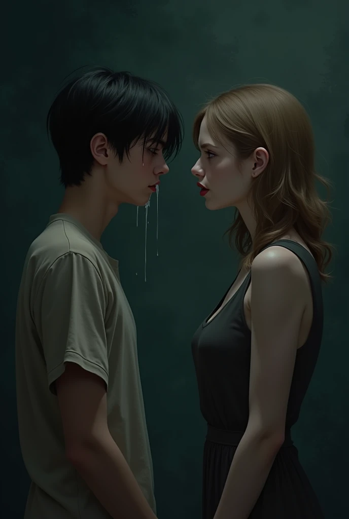 a dark background of an image showing situations of lack of confidence to go talk to the girl he likes, I want to show him crying and the woman laughing