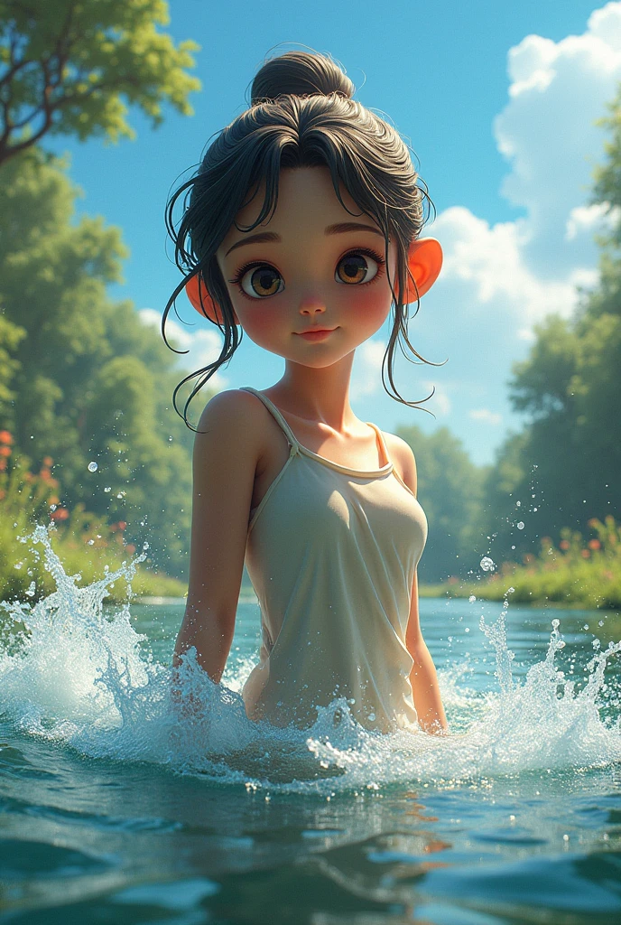 water, wet, splashing, liquid, sunny, day, blue sky, clouds, nature, natural setting, (character focus:1.1), sharp focus, realistic, highly detailed, ultra detailed, best quality, highest quality, realistic lighting, hyperdetailed, hyperrealism, greg rutkowski