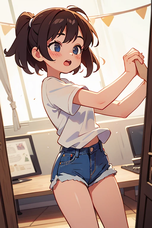1girl, denim shorts, white shirt, dancing