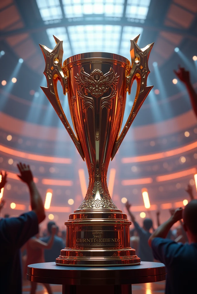 Create an image of a trophy that says "godlevel 3vs3 champions"  ultra realistic 
