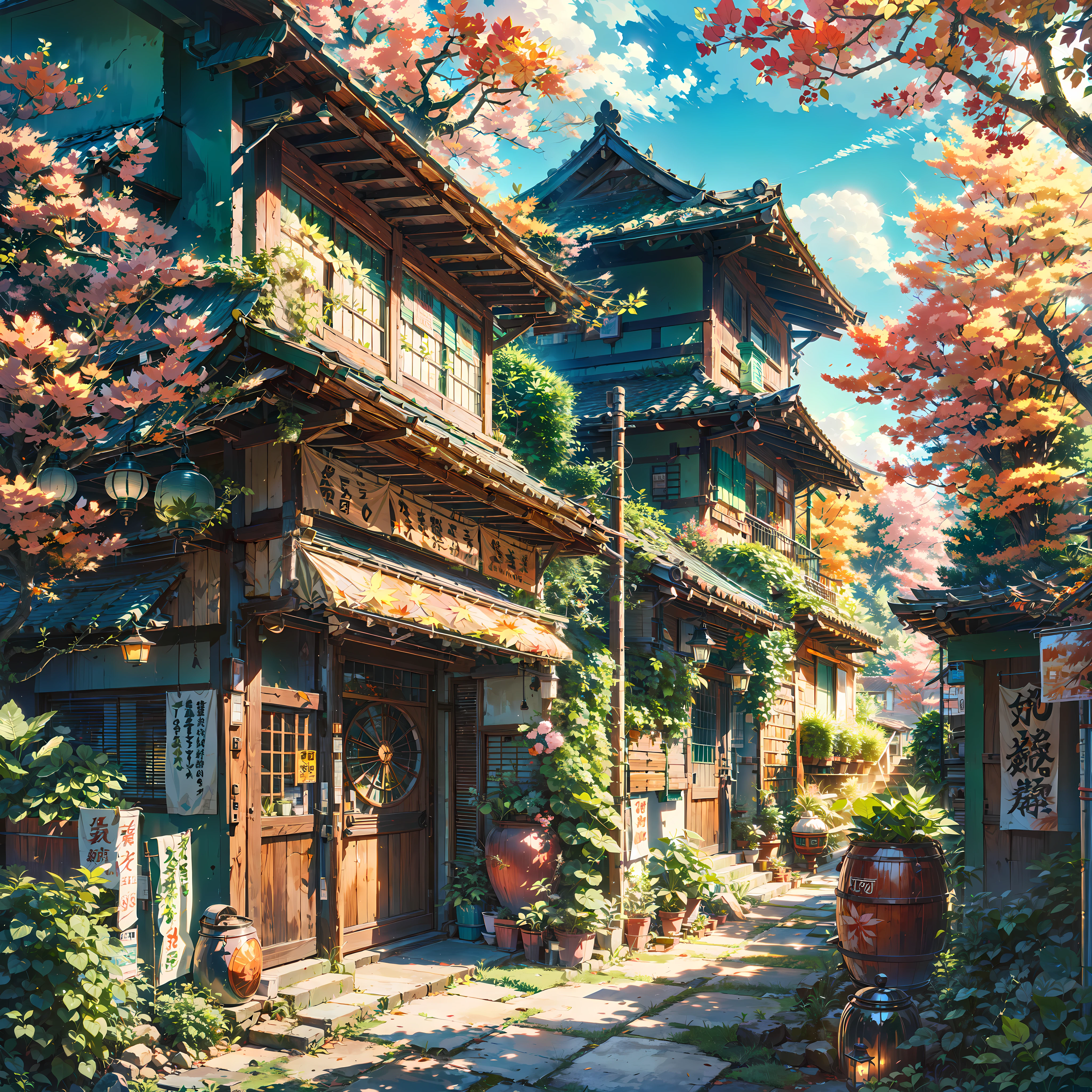 ((packed leaves)), (orange leaves), (green leaves), (pink leaves), vibrant