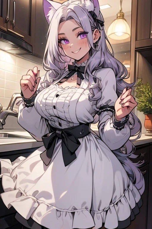 Perfect face. Perfect hands. A young silver haired woman with purple eyes and silver cat ears and a silver cat tail in a Lolita maids outfit is cooking in a fancy kitchen with a big smile