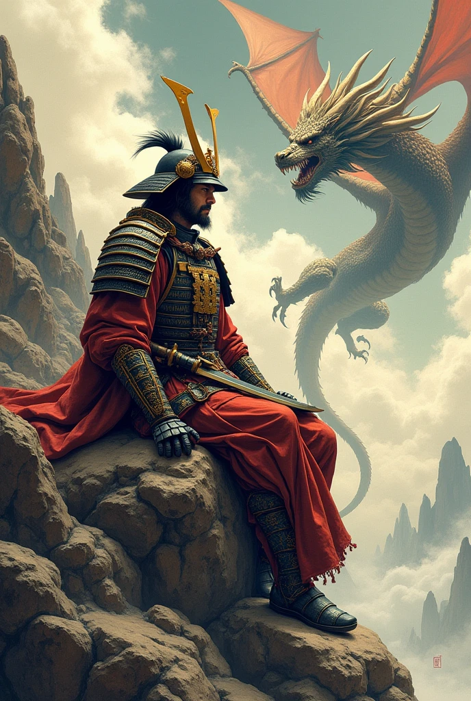 Drawing of a samurai in armor sitting on a rock with a dragon in the background