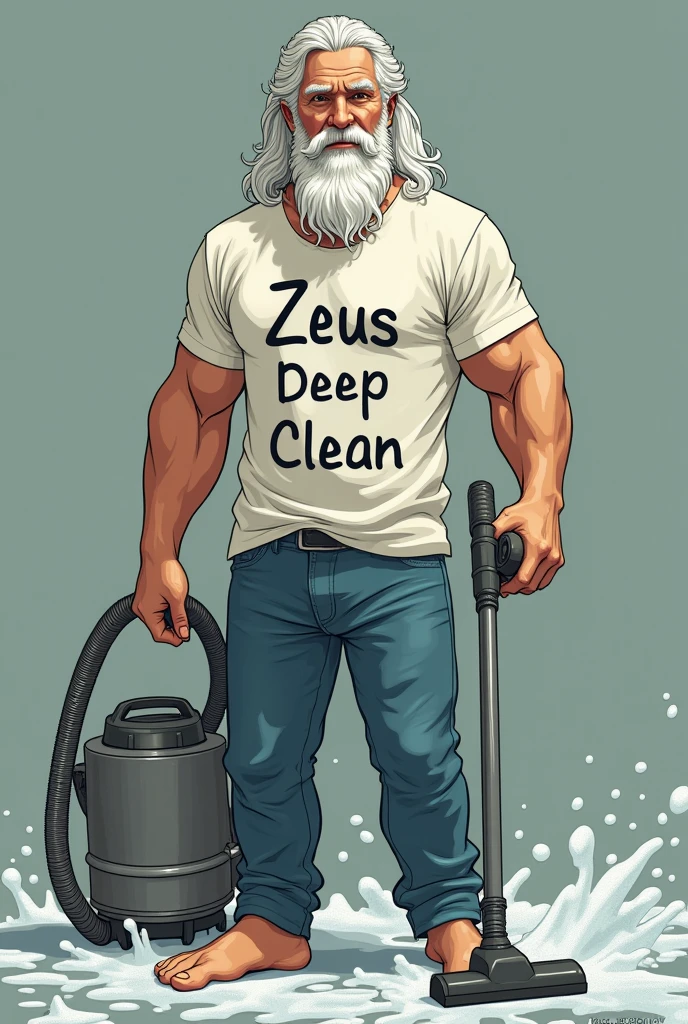 Nordic god Zeus, wearing a t-shirt that says Zeus deep clean and wearing jeans, holding a vacuum cleaner, with foam and soap bubbles in the background