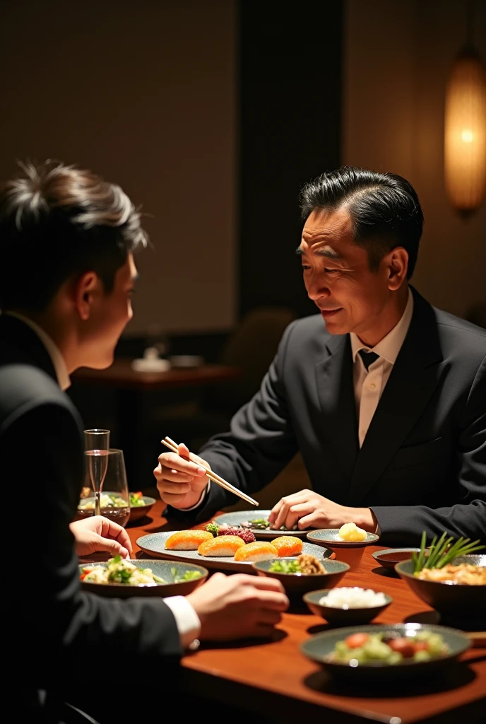 Picture a man of Chinese descent eating Japanese food in a fancy black restaurant with his son, create a photo-worthy image.