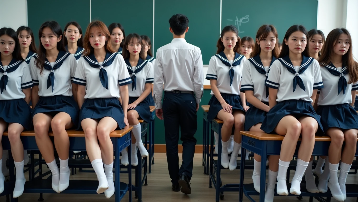A photo of a classroom full of 20 beautiful 20 year old girls with beautiful faces wearing school uniforms. they are behind their school desks. The expression on their faces is humble. They all lift their skirts and spread their legs to show of white panties as the male teacher walks into the room. The white panties are clearly visible. shot with Sony Alpha A6500 1.4f, bokeh, highly detailed, masterpiece, photo, cinematic