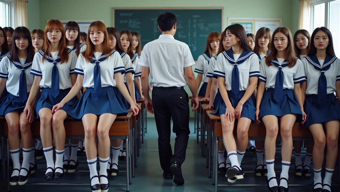 A photo of a classroom full of 20 beautiful 20 year old girls with beautiful faces wearing school uniforms. they are behind their school desks. The expression on their faces is humble. They all lift their skirts and spread their legs to show of white panties as the male teacher walks into the room. The white panties are clearly visible. shot with Sony Alpha A6500 1.4f, bokeh, highly detailed, masterpiece, photo, cinematic