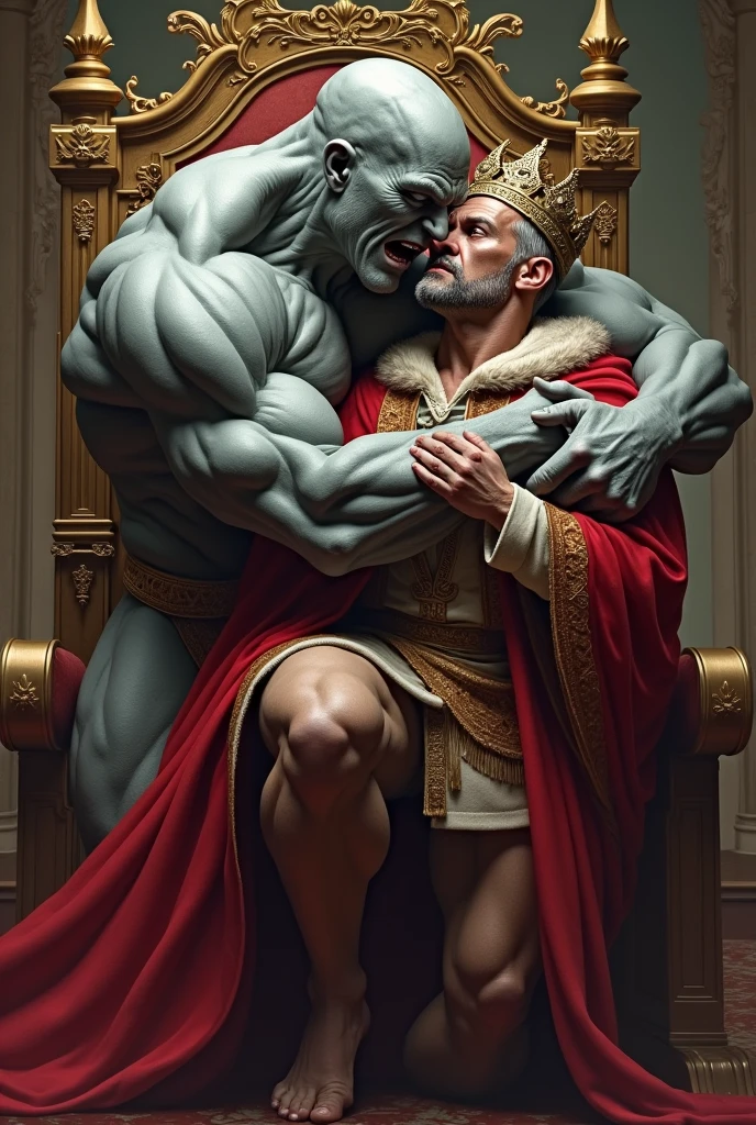 Grey-bodied muscular man strangling the king