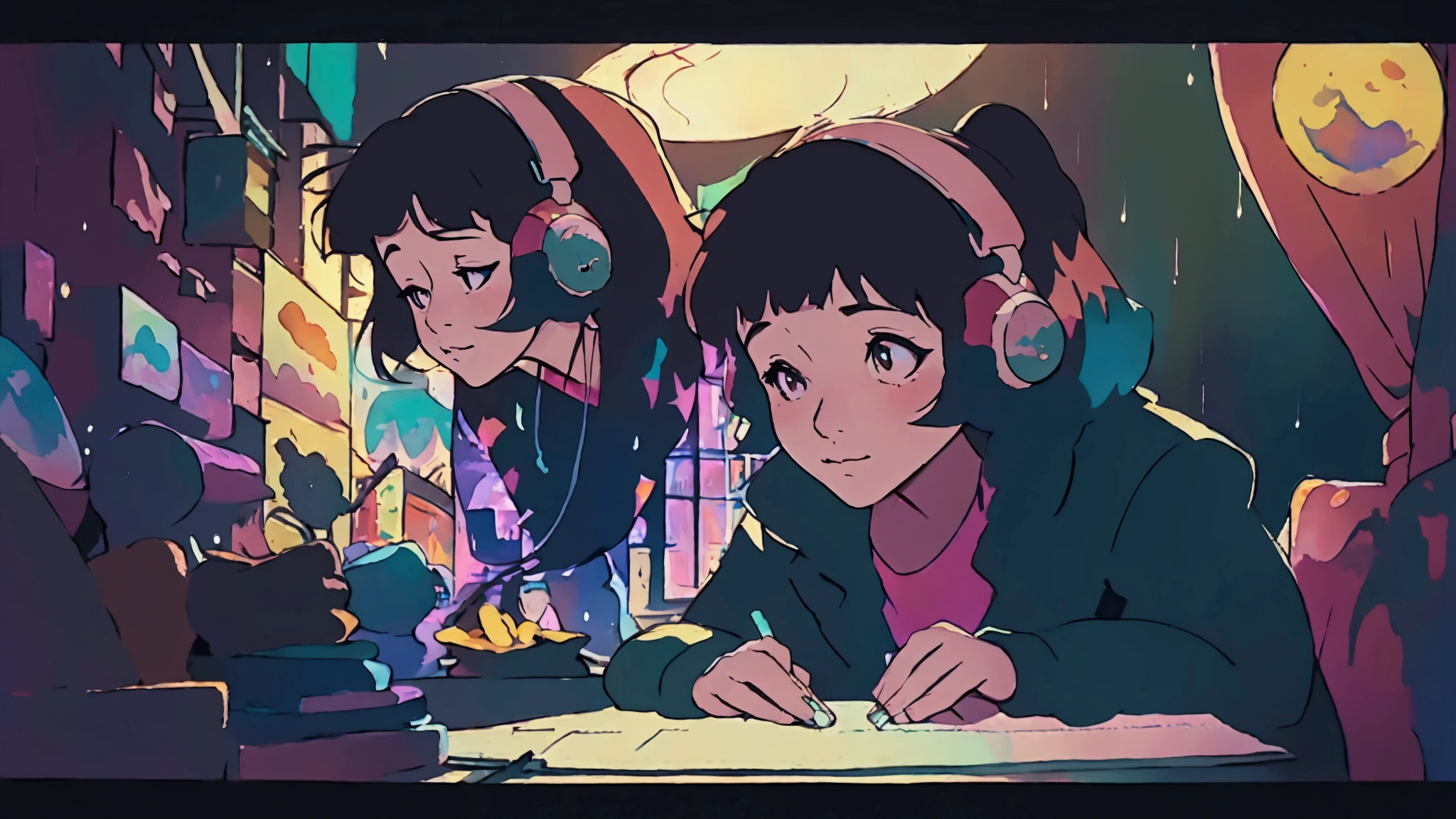 European hippie girl meditating in her room, dream, Wear headphones, night lighting, Neon scenery on a rainy day, Analog Color Theme, Lo-fi hip hop , revue, flat, 2.5D ,Draw a line, Ink Painting, Large slope, watercolor, Goosh Colors, Studio Ghibli Style, Amazing colors, Outerton, Krautlock, Lofi Art,  70s style,Old Texture, amplitude,Psychedelic atmosphere, masterpiece, Amazing technology,