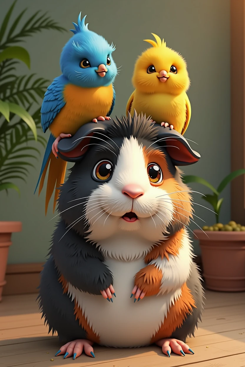 Guinea pig with black fur, white and brown, along with two Australian budgies, one yellow and one blue.