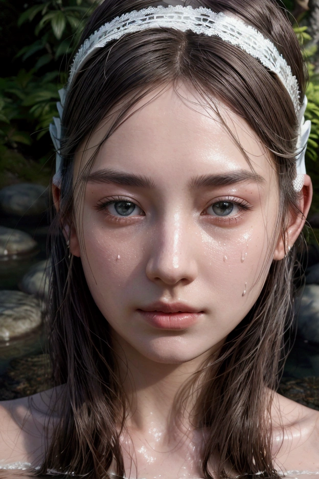Highest quality, masterpiece, Ultra-high resolution, Supermodels bathing in Japanese hot springs, Outdoor hot spring, Stone hot spring, Moss and tree々Surrounded by, Super beautiful face, Pure Body, I can see my pores, (smile:0.8), Wearing split (Lace Headband:1.2), (realism:1.5), Original photo, Soaking wet, Sweaty, Exposing shoulders, In the Dark, Deep Shadow, Low Key, Cold Light