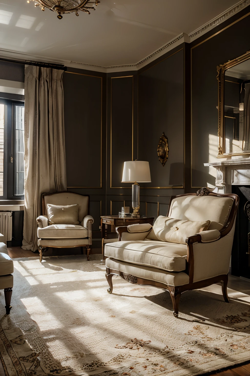 a luxurious new york apartment living room, high-end interior design, photorealistic, large windows, elegant furniture, plush carpeting, modern decor, sophisticated lighting, chic accents, warm color palette, natural textures, ornate details, impeccable cleanliness, lavish ambiance, premium quality, exquisite craftsmanship, masterful composition, cinematic lighting, dramatic shadows, sharp focus, hyper-realistic, 8k, best quality