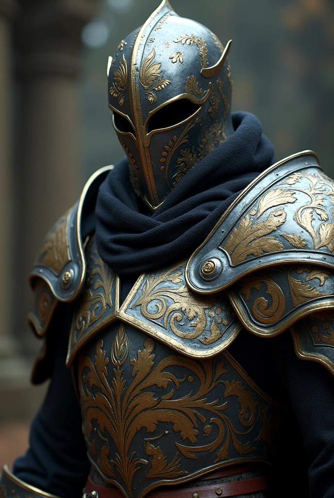 BRUTAL Berseker dark Knight close up portrait with steel and gold flower sculpt engraved armor and steel face mask like a king baldwin . Epic dark fantasy atmosphere, elden ring hoslow armor refrence