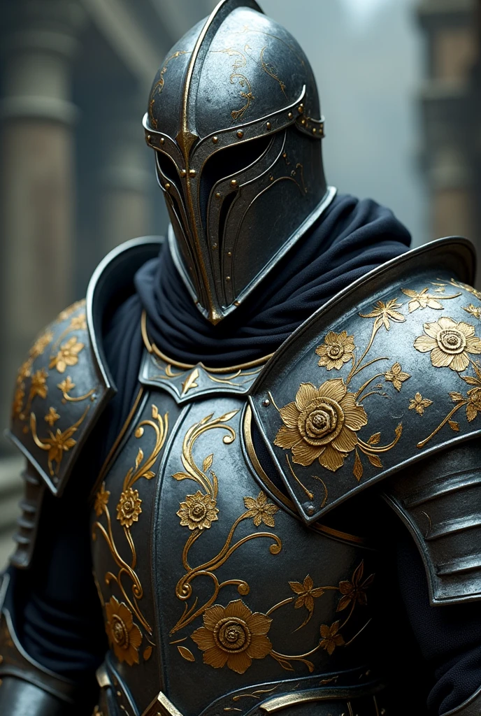 BRUTAL Berseker dark Knight close up portrait with steel and gold flower sculpt engraved armor and steel face mask like a king baldwin . Epic dark fantasy atmosphere, elden ring hoslow armor refrence