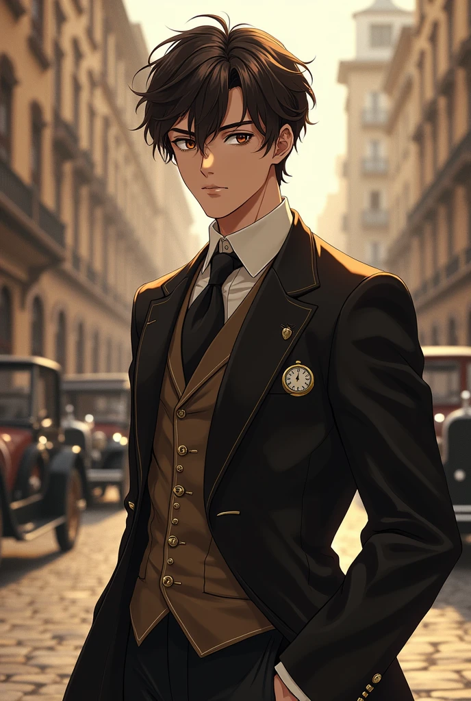 "Create a mobile wallpaper featuring a handsome young adult anime man in a vintage, early 1900s setting. He has well-groomed, tousled hair in a deep, rich color like dark brown or black, with intense, soulful eyes. He’s dressed in classic old-money attire, including a tailored suit with a waistcoat, a pocket watch, and polished shoes, exuding elegance and sophistication. The backdrop should be an opulent, grand cityscape with cobblestone streets, vintage cars, and ornate buildings. The color palette should be muted, with sepia tones and a slightly faded, nostalgic effect, reminiscent of photographs from the early 20th century. The overall vibe should capture the essence of the old-money aesthetic, with an air of timeless luxury and historical charm."

