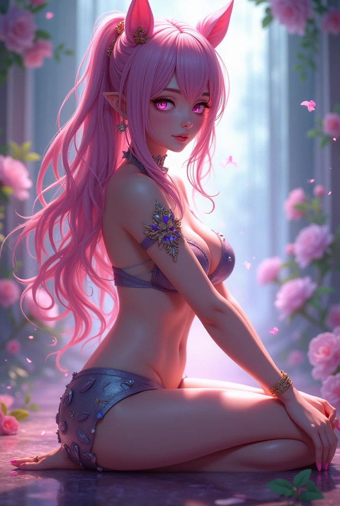 grande, sagging breasts, ella es una MILF ((hermoso 28 year old Elf)), (Cabello largo y lacio plateado, diadema roja, cola de caballo), double eyelids, ojos negros, Claro y detallado, hiper detallado, Efecto de la luz en los ojos, arcoiris moderno, Sensual body, ((short and cropped floral print made with a light fantasy-style fabric, con mangas abullonadas, Sensual, hermoso and cool, detalles medievales)), escote, ((obra maestra, Hyper realistic, hiper detallado, Mejor calidad, 16k, luces y sombras en la piel, colores brillantes, Sharp focus), delineador de ojos, cejas finas, Sensual expression, labios perfectos, cara inocente y sexy, ((piel con luces y sombras), hermosoly seductive and embarrassed, passionate expression, Dulce sonrisa ((ella es una elfa con un cuerpo seductor)), coqueteando con el espectador, hermoso, encantador, hermoso magical forest, mariposas en el aire, (((variable Sensual poses, Por la noche)))