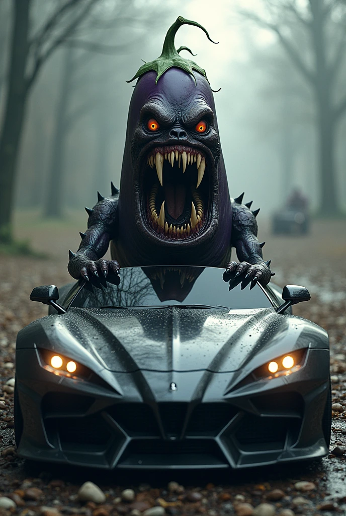 Monster Eggplant at the Wheel:

Eggplant Visual: Draw an eggplant with scary features, like big, shining eyes, sharp teeth and an expression of fury or malice.
automobile: Create a sports car with an exaggerated and menacing design. May have angular lines, dark colors and details that evoke a horror atmosphere, what you call or thorns.