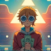 anime zelda style, with glasses, large headset, holding bills