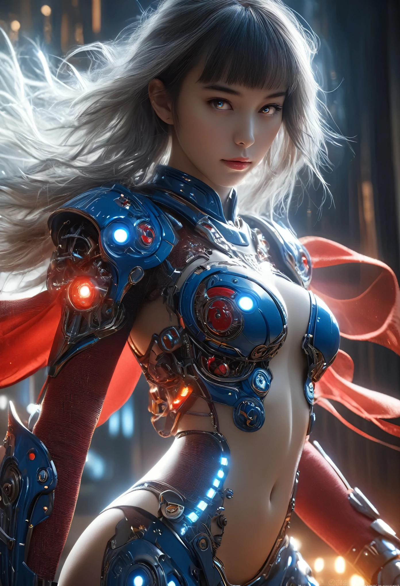 (Best Quality, 4K, 8K, High Resolution, Masterpiece: 1.2), (Super Detailed, Realistic, Photorealistic:1.37), A woman in futuristic clothing, Trending on cgstation, Trending on cgstation, (Portrait of a girl in the Knights of the Zodiac:1.4), blunt bangs, Cute Cyborg Girl, Perfect android girl, Portrait Astronaut Girl, Beautiful girl cyborg, (Girl wearing blue and red and white mechanical cyber armor:1.3), Game CG, cgsociety and fenghua zhong, Beautiful Cyborg Shrine Maiden, Bioluminescence, (Yua Yaiba:0.5), (Golden eyes:1.5), Anatomically correct grip, (Sharp and long claws:1.4), erotic and sexy, black, wearing A gorgeous cape with beautifully detailed embroidery, (beautiful tits, beautiful breasts, beautiful nipples:1.5), (NSFW:1.5)
