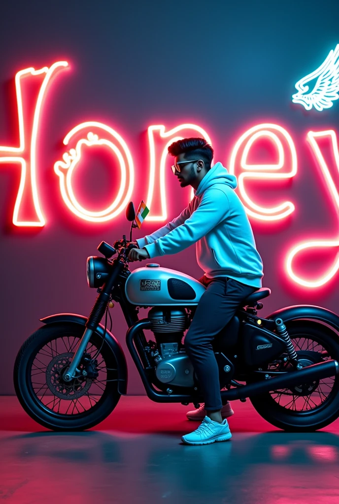 Create a 3D illusion profile image featuring a 25-year-old man seated casually on a “Royal Enfield” bike, donned in a white hoodie, sneakers, and sunglasses while looking ahead. The backdrop highlights the name “Honey” in vibrant indian flag color color neon lights against a dark grey wall, complemented by additional neon wings in Indian flag color for an angelic ambiance.and flag in hand