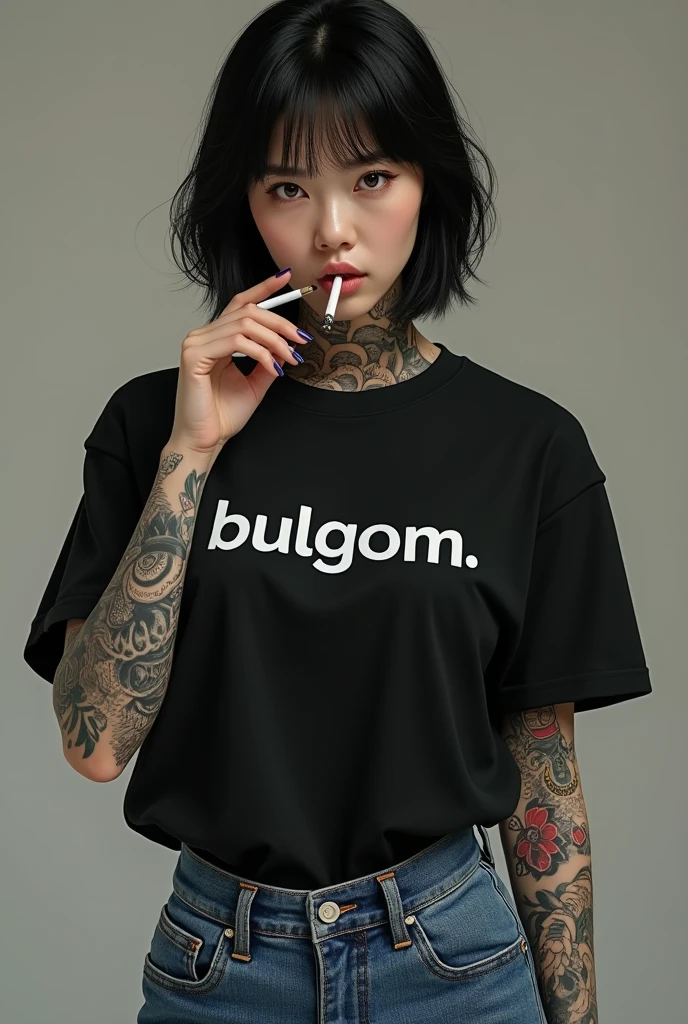 Handsome korean tattoo woman, straight black hair, black t-shirt with bulgom written on it,  jeans, smoking cigarettes,  yakuza vibes, hard colors