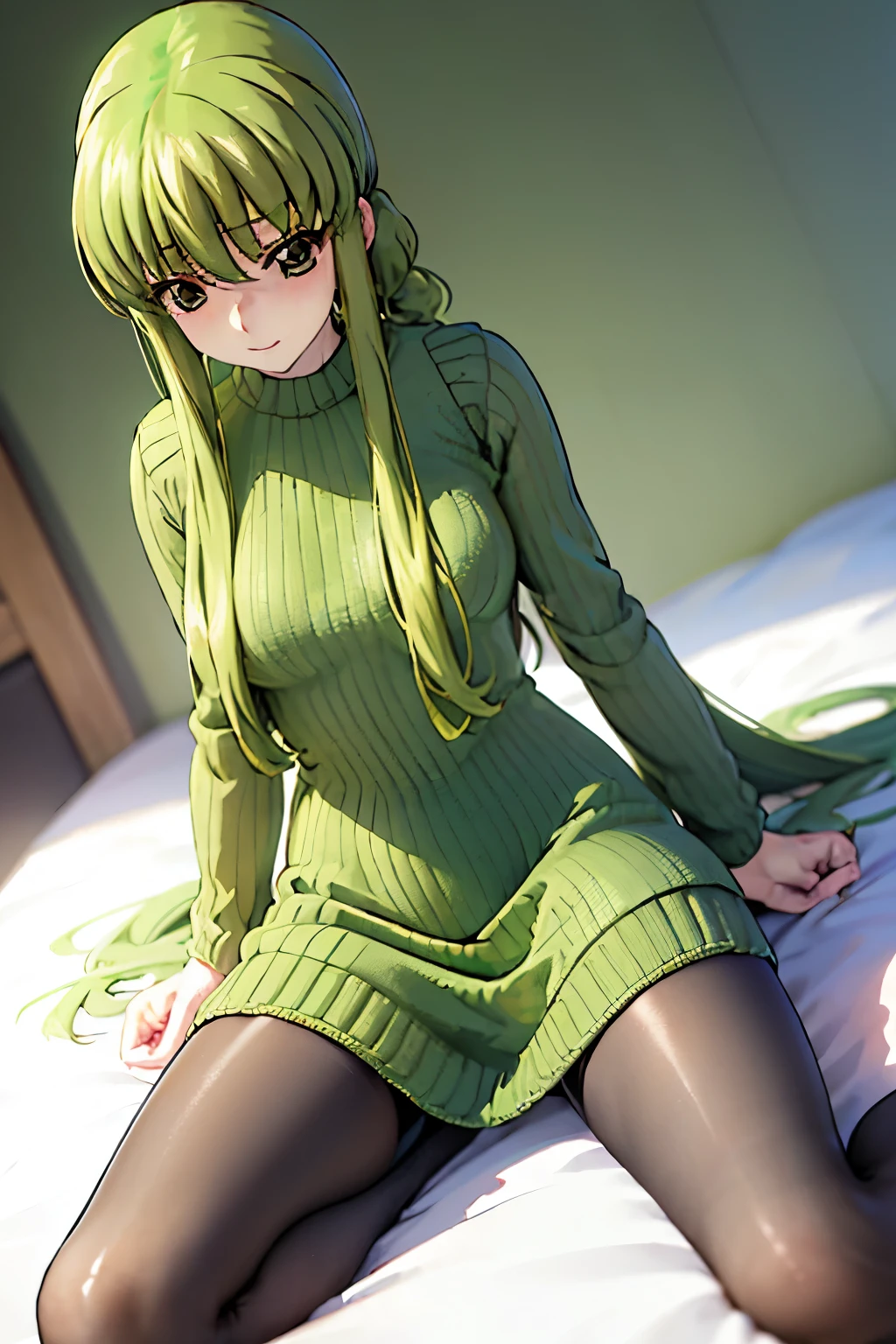 (Highest quality:1.1), (masterpiece:1.4), (Absurd:1.0), 
One Girl, c.c、Green Hair、Long Hair、Medium chest、Looking at the audience、Bedroom、(blush:1.2)、Embarrassed expression、((pantyhose))、((Knitted dress))、((sit))、